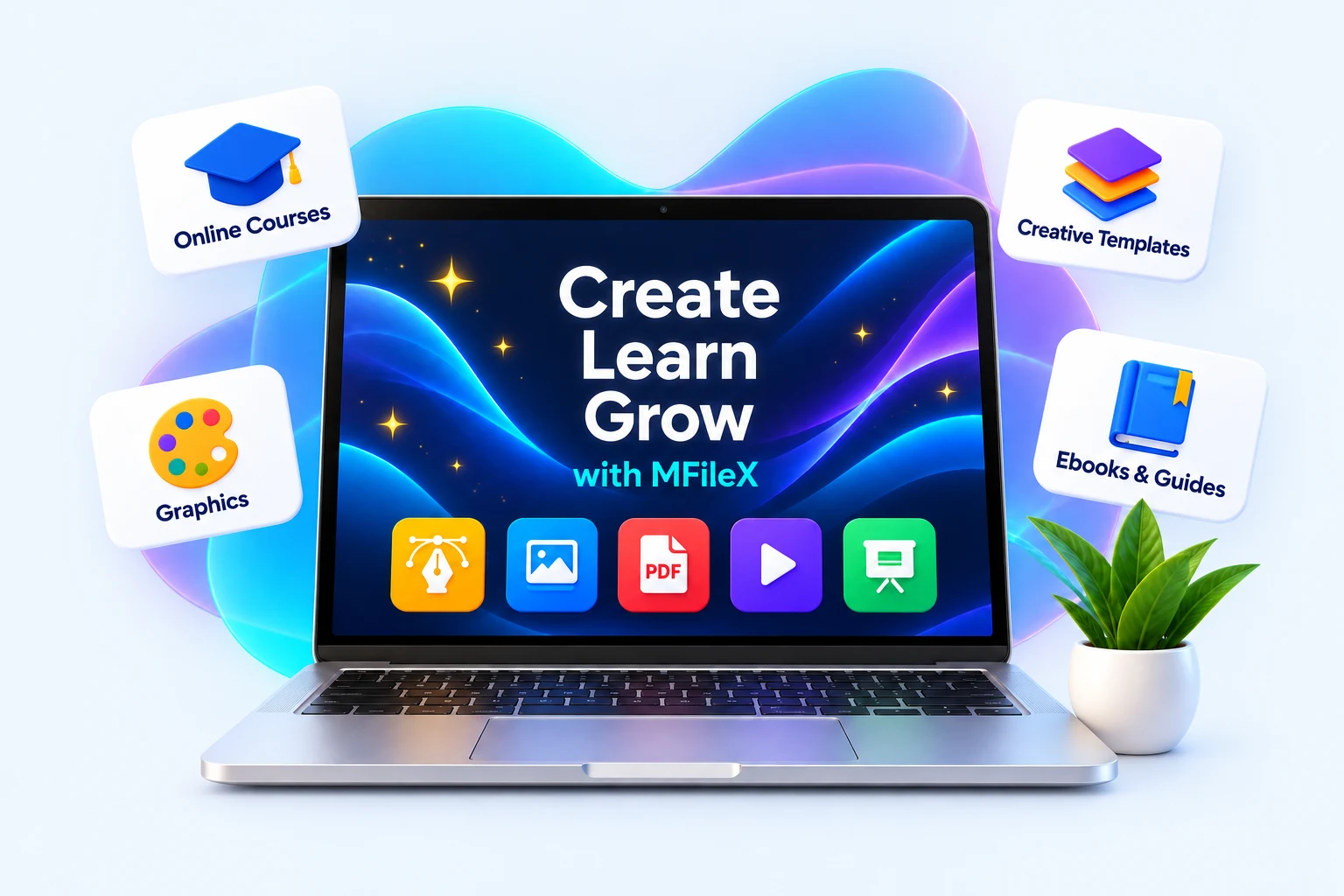 Create, learn and grow with MFileX: a laptop surrounded by creative resources